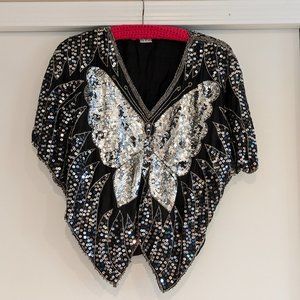 Vintage 70s SILK Silver and Black Sequin Beaded BUTTERFLY Disco Top Size M/L